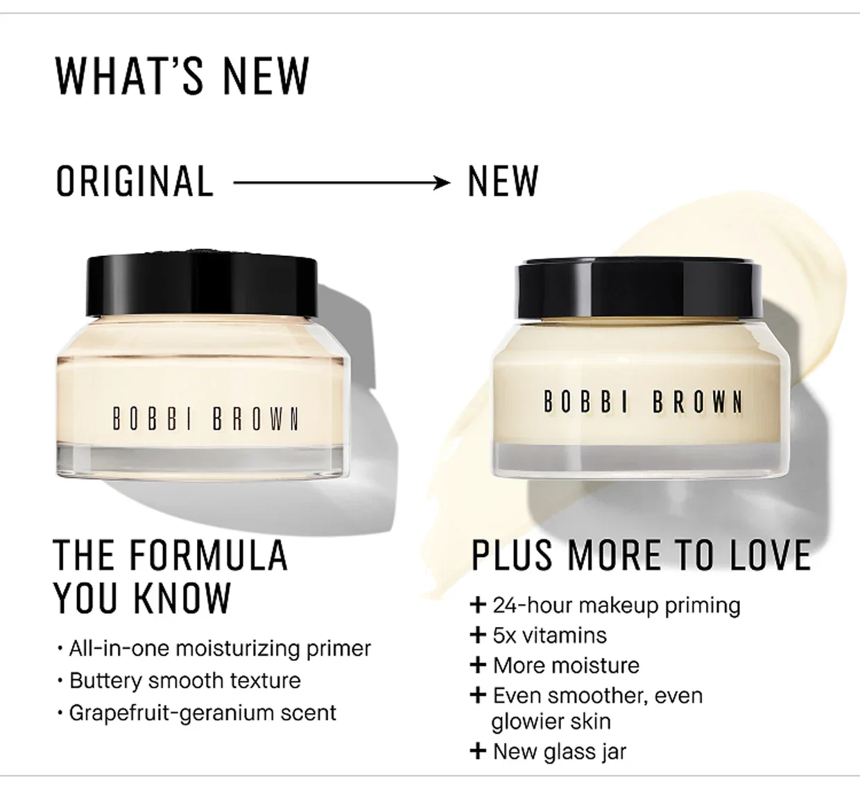WHAT'S NEW | ORIGINAL | NEW | THE FORMULA YOU KNOW | All-in-one moisturizing primer | Buttery smooth texture | Grapefruit-geranium scent | PLUS MORE TO LOVE | 24-hour makeup priming | 5x vitamins | More moisture | Even smoother, even glowier skin | New glass jar