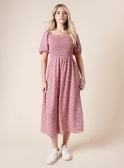 Ditsy Shirred Bodice Midi Dress