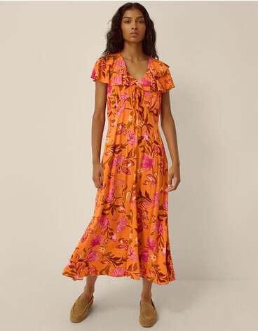 Leila Floral Print Midi Dress Orange