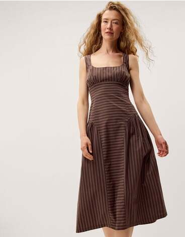 Selena Square Neck Stripe Midi Dress Brown