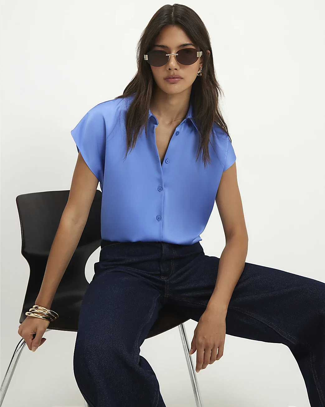 Womens Blue Satin Relaxed Shirt