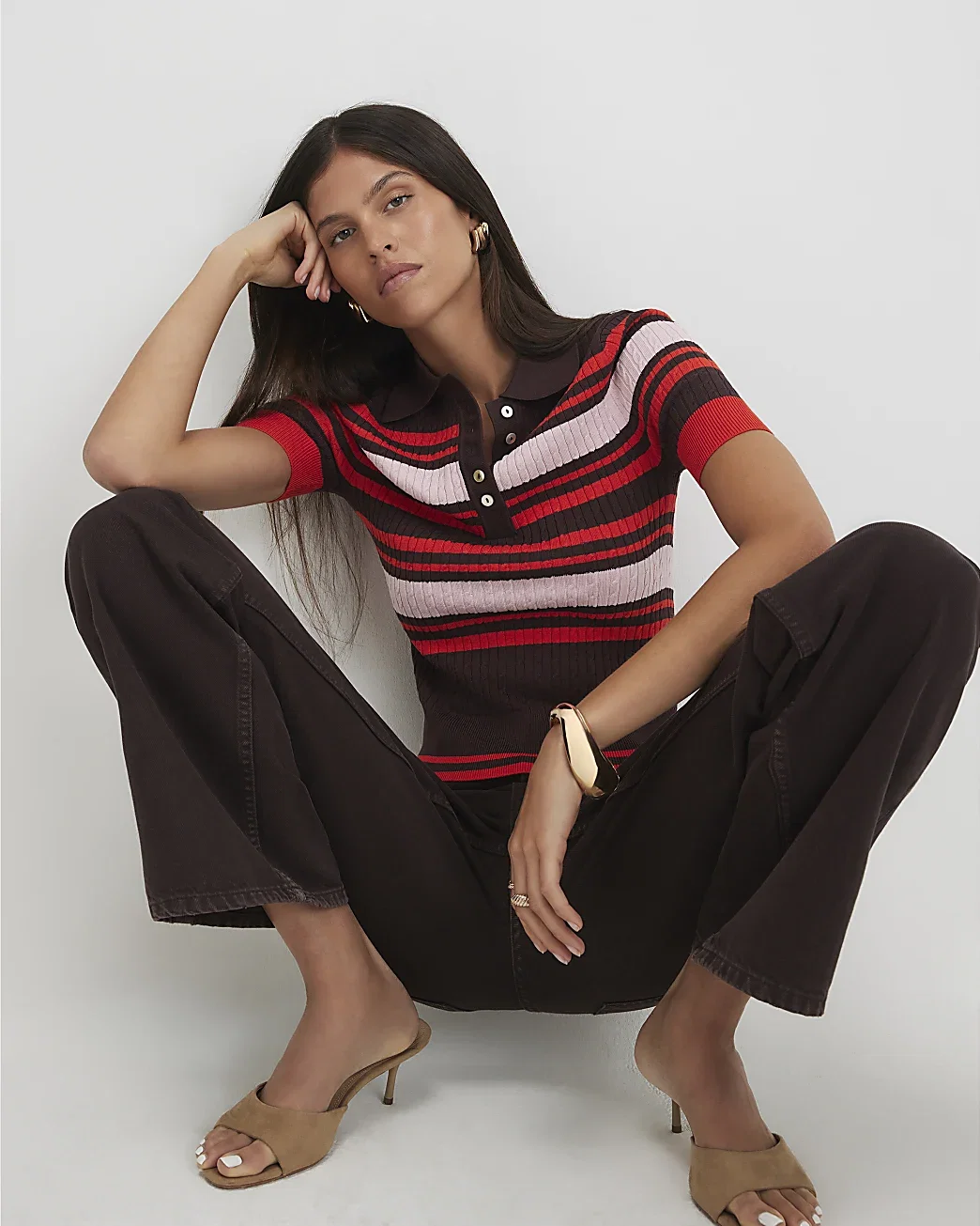 Womens Brown Striped Cable Knit Polo Shirt