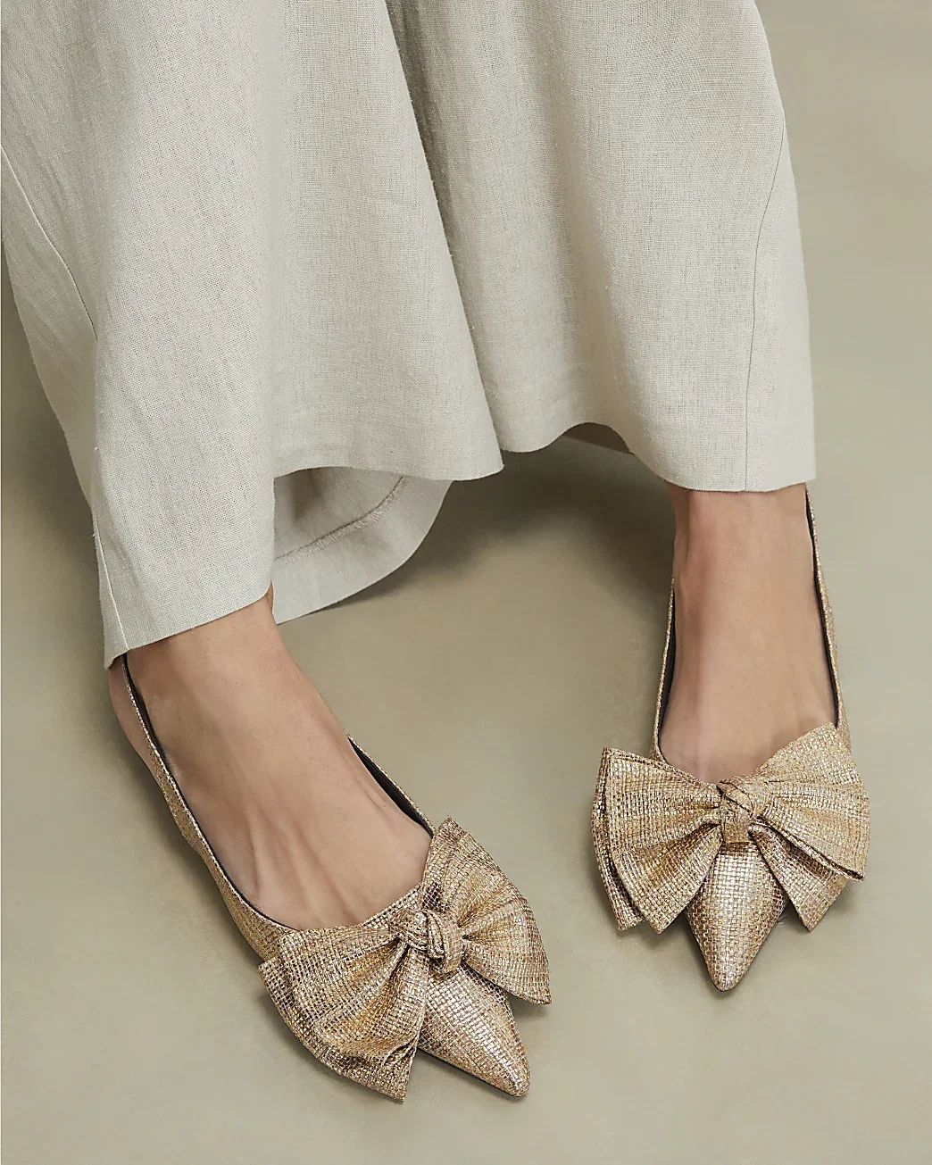 Womens Gold Wide Fit Bow Slingback Pumps