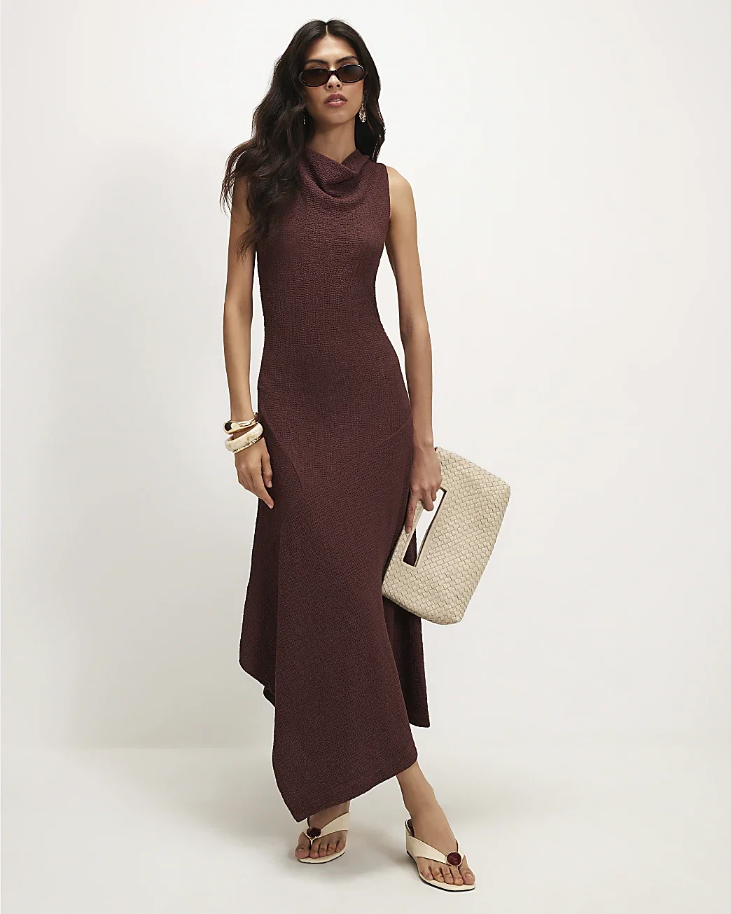 Womens Brown Textured Sleeveless Midi Dress