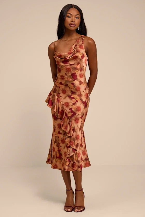 Image of Roxanne Rust Multi Floral Satin Asymmetrical Midi Dress