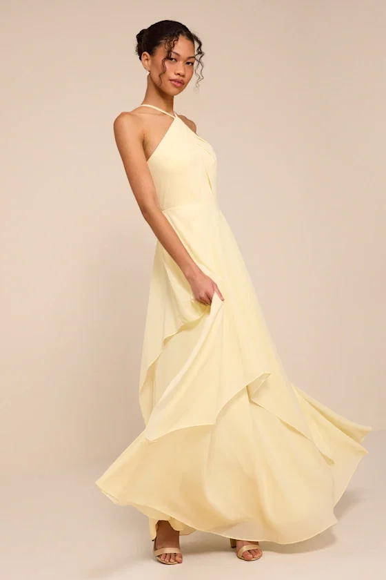 Image of Aletta Pale Yellow Tiered Halter Maxi Dress
