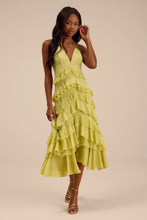 Image of Melena Chartreuse Ruffled Lace Midi Dress