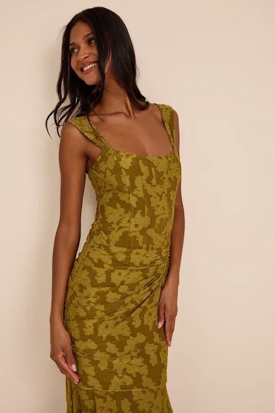 Image of Celeste Olive Green Floral Burnout Bustier Maxi Dress