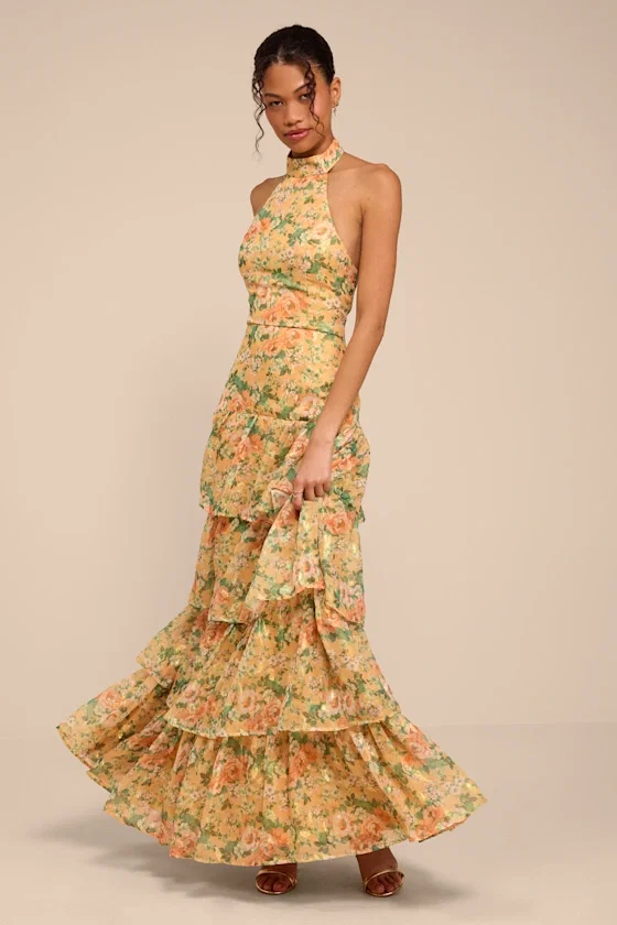 Image of Cynthia Yellow Multi Floral Tiered Maxi Dress