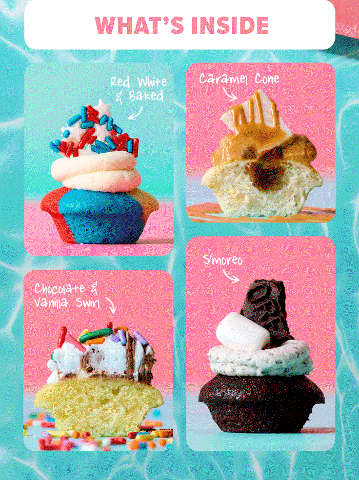 What's inside: Red White & Baked, Caramel Cone, Chocolate & Vanilla Swirl, and S'moreo