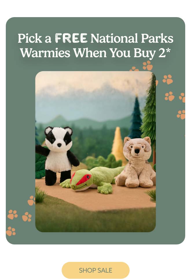 Wildlife Warmies in a scenic clearing. Shop Sale.