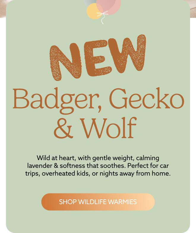 A green text card. Shop Wildlife Warmies.