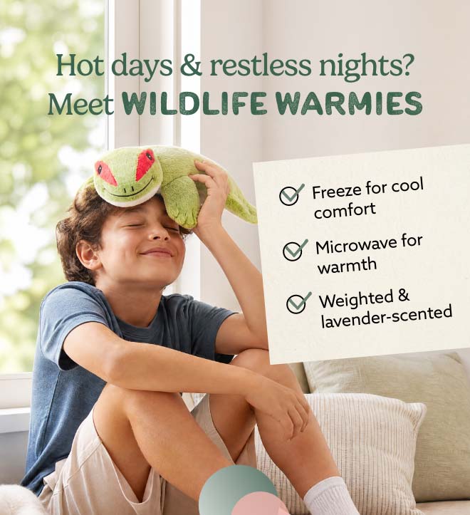 A boy cooling his forehead with chillable Gecko Warmies. Shop Wildlife Warmies.