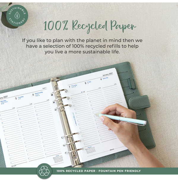 Sustainable stationery - 100% Recycled Paper! If you like to plan with the planet in mind, then we have a selection of 100% recycled refills to help you live a more sustainable life. 100% Recycled Paper and Fountain Pen Friendly. Shop now