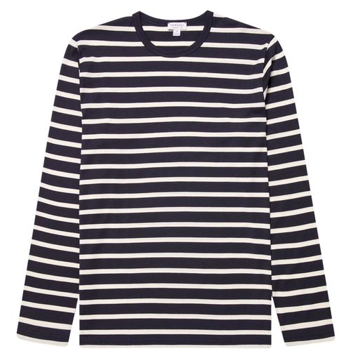 Sunspel Long Sleeve Classic T-Shirt - Navy/Ecru