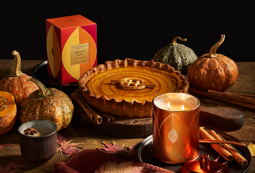 HARVEST MUSE CANDLE AND A PUMPKIN PIE, FALL FOLAGE, CINNAMON STOCKS AND MINI PUMPKINS
