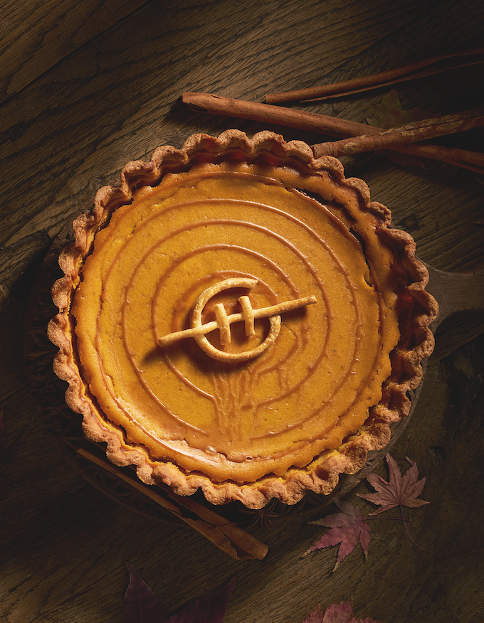 PUMPKIN PIE WITH THE GLASSHOUSE LOGO ON IT