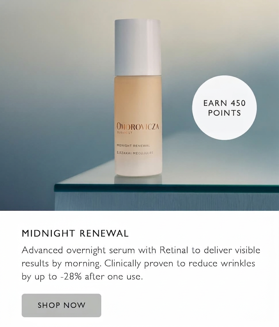 Omorovicza Midnight Renewal serum with "Earn 450 Points" badge and "Shop Now" button.