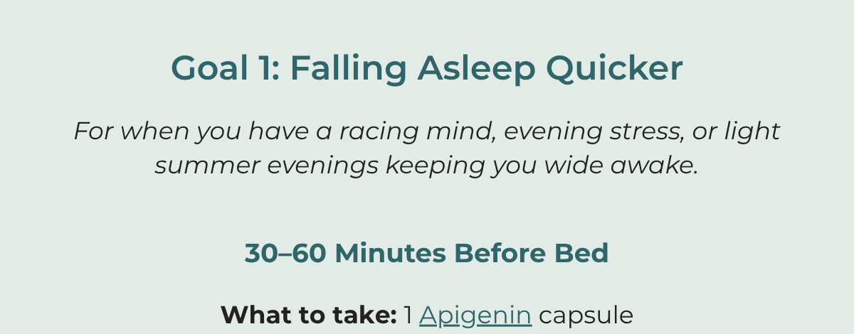 Goal 1: Falling asleep quicker. Take 1 capsule Apigenin 30-60 minutes before bed