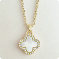 Shy Creation Diamond Mother of Pearl Clover Pendant in 14k Yellow Gold