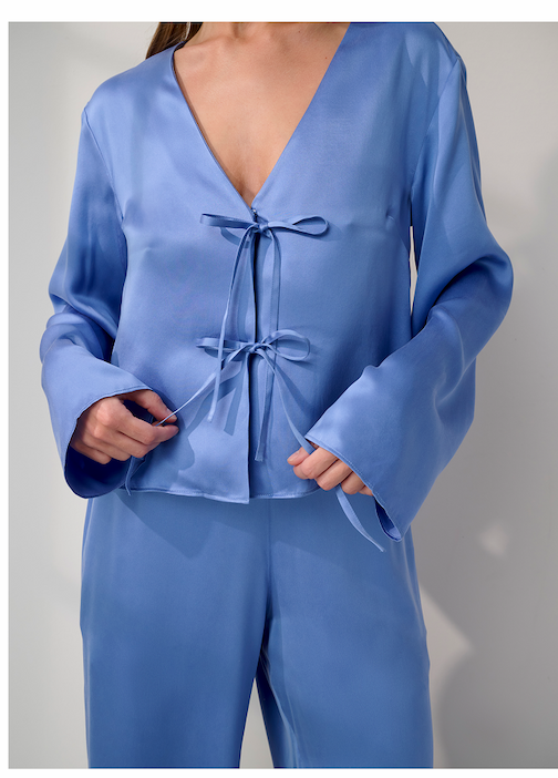 blue bow front set, top with long sleeves, pant 