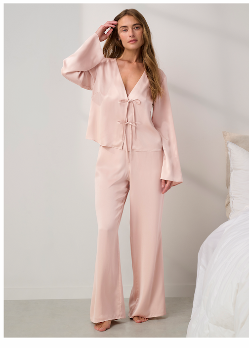 pink tie front top with long sleeve and pants 