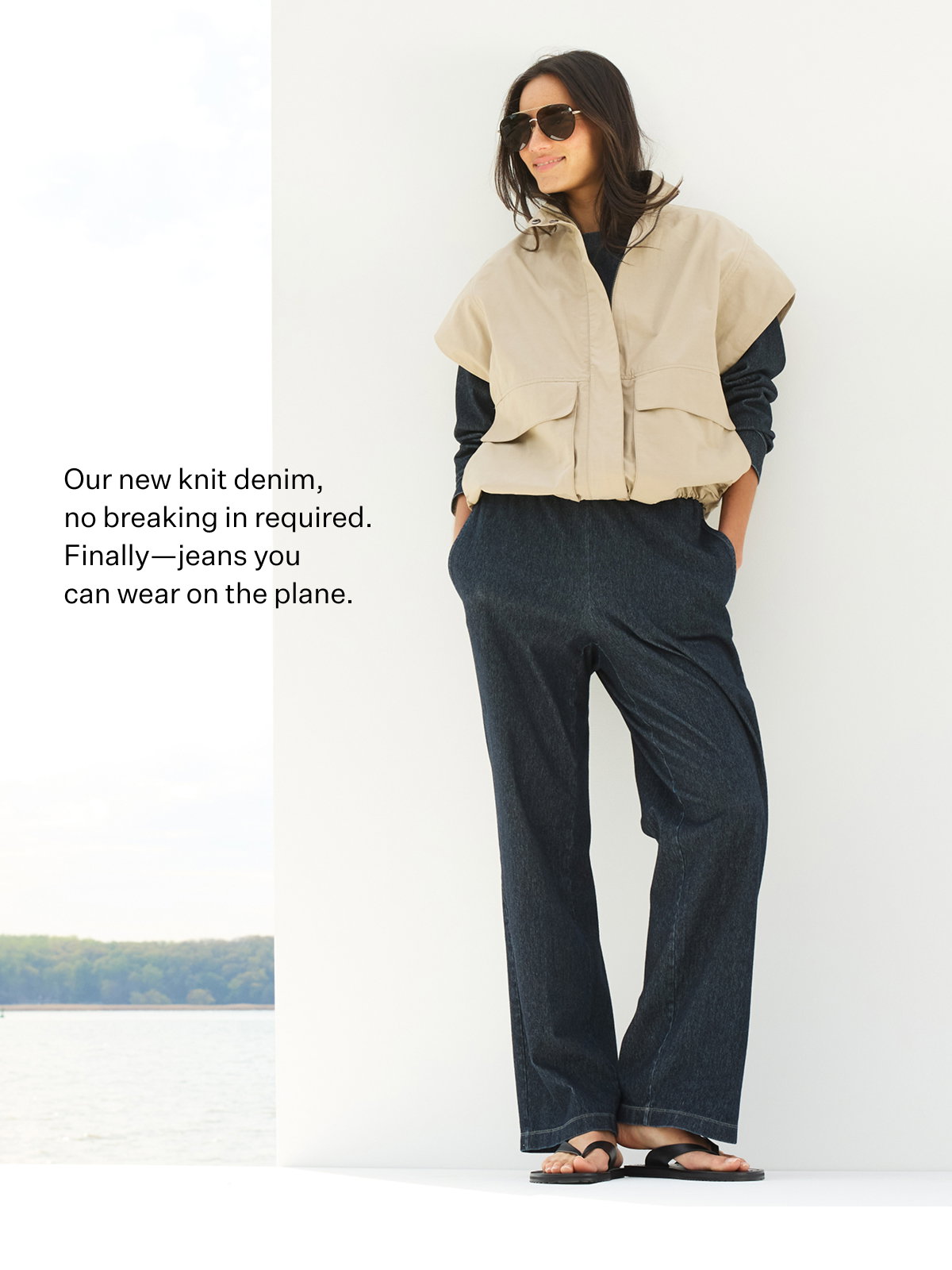Our new knit denim, no breaking in required. Finally-jeans you can wear on the plane.