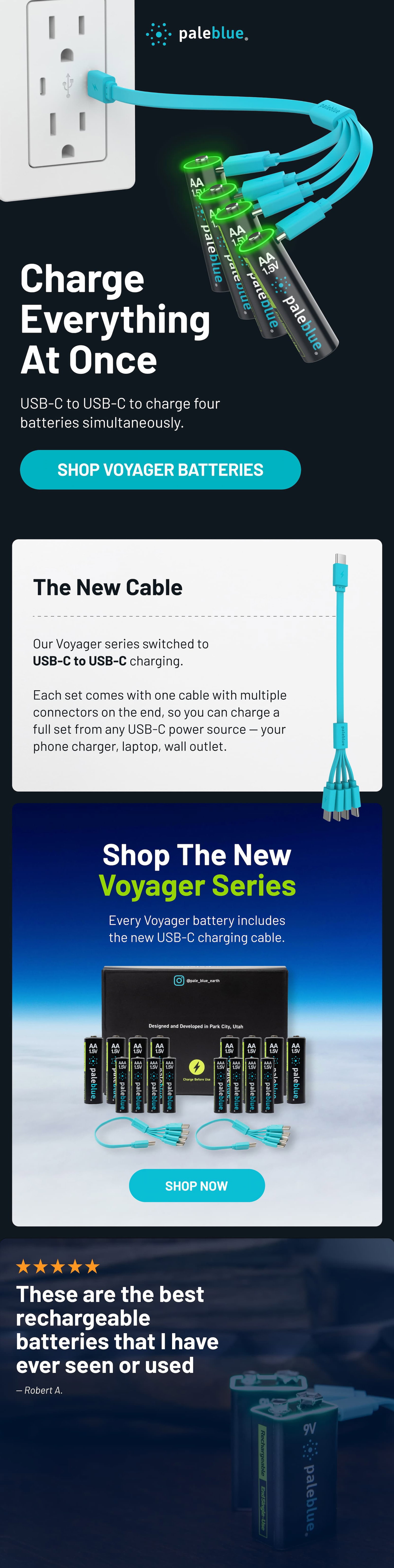 USB-C to USB-C to charge four batteries simultaneously.