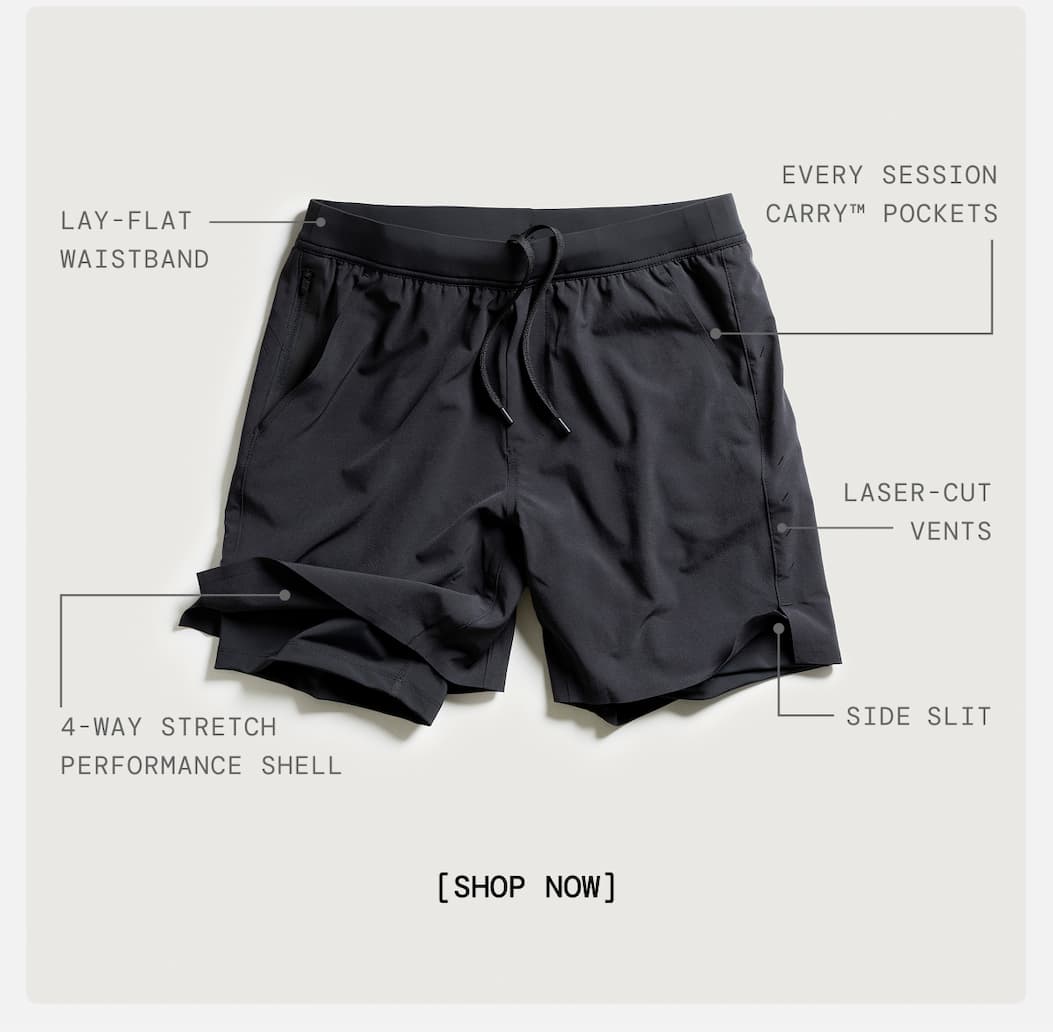 Shota Flatlay with Product Callouts: Lay Flat Waistband, 4-Way Stretch Performance Shell, Slide Slit, Laser-Cut Vents, Every Session Carry Pockets