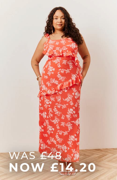 Coral Floral Print Chiffon Frill Detail Maxi Dress