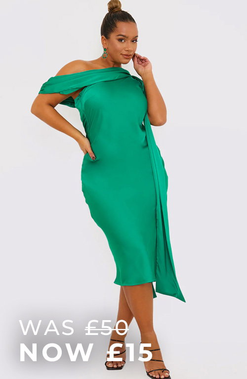 Green Satin Asymmetric Neckline Midi Dress