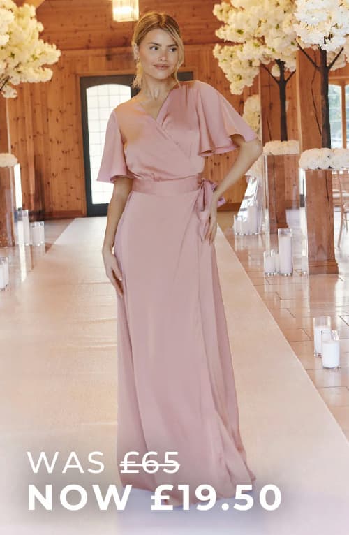 Rose Pink Satin Wrap Tie Angel Sleeve Maxi Dress