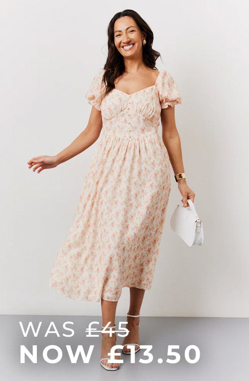 Cream Floral Print Puff Sleeve Milkmaid Midi Dress
