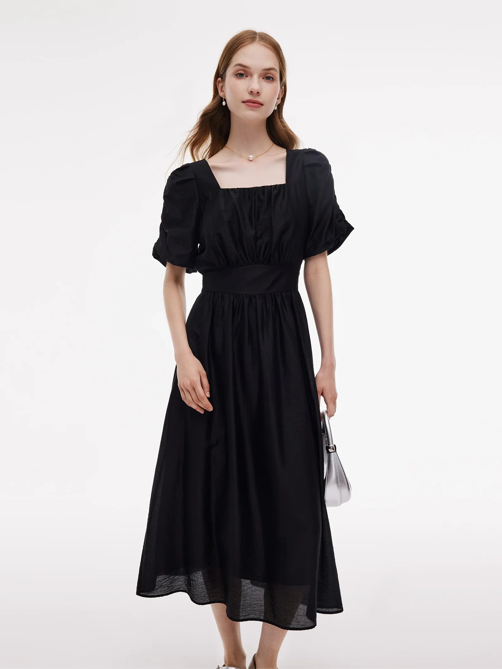 Image of Tencel Blend Square Neck Women Puff Sleeve Maxi Dress