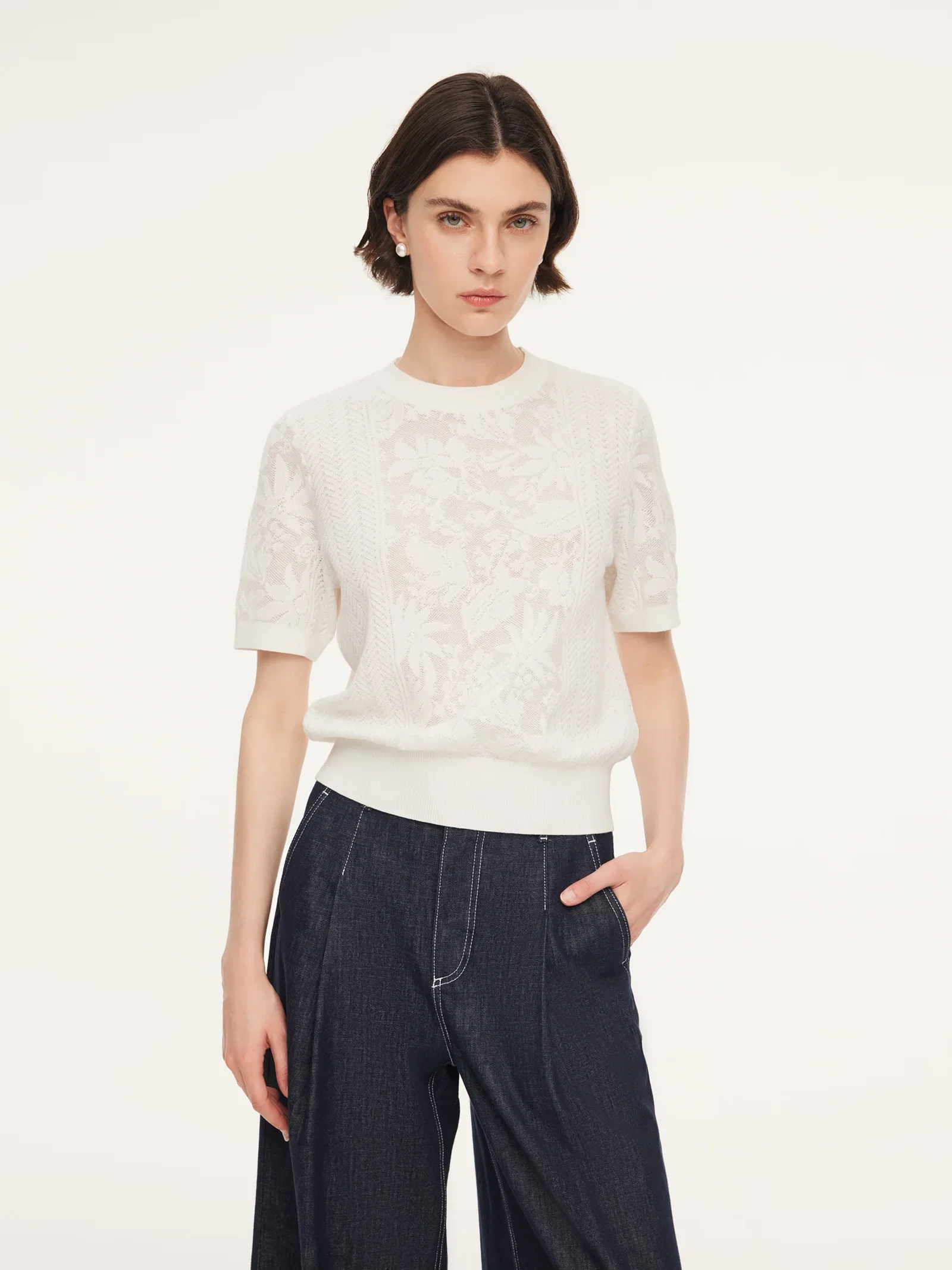 Image of Lace Jacquard Round Neck Women Knit Top