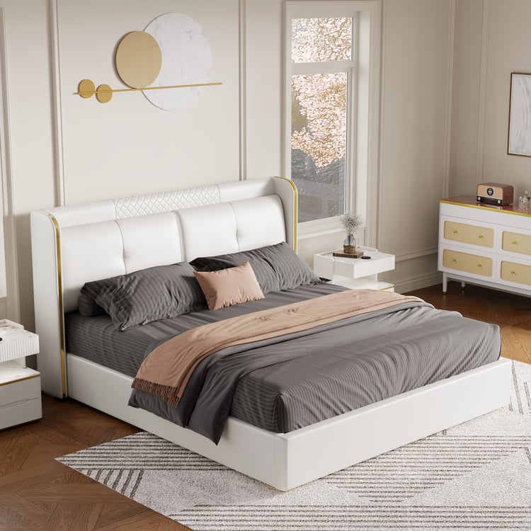 Leather Upholstered King Bed with Wingback Headboard