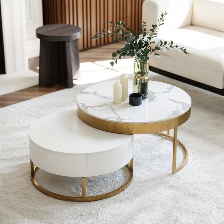 Nesnesis 28"-32" Round Nesting Coffee Table Set with Sintered Stone Top & 2 Drawers
