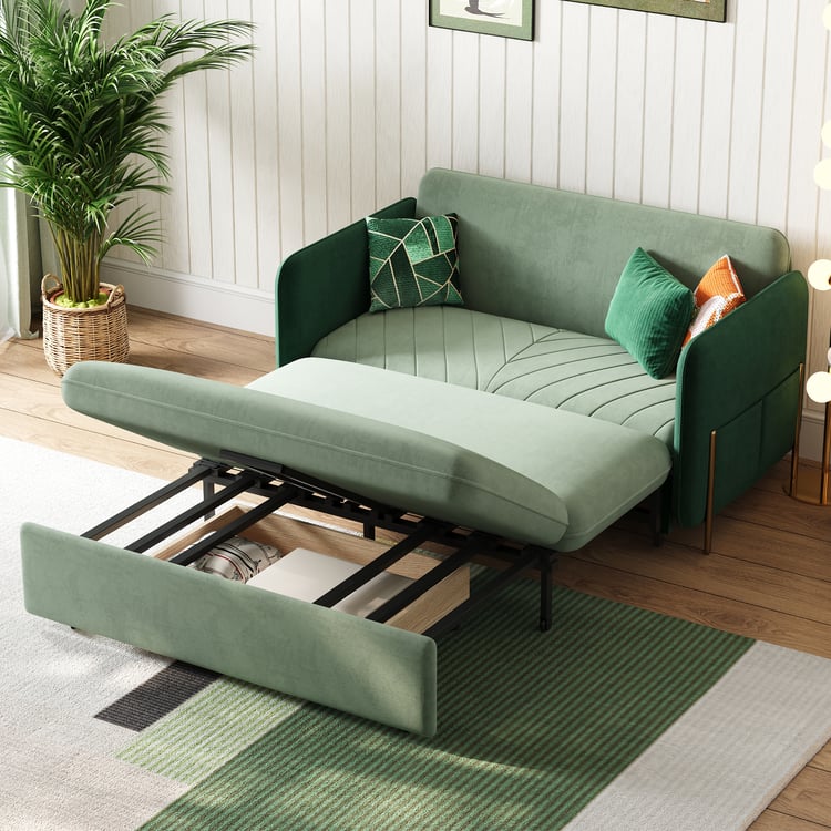 54" Twin 1-Seater Green Velvet Convertible Sleeper Sofa with Storage & Pillows
