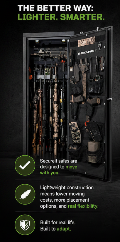 Secureit gun safe ad: "The hidden cost of weight" vs. "Lighter, smarter."