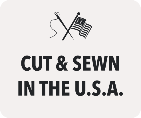 Bills Khakis: Cut & Sewn in the U.S.A. with a illustration of cross hatch of a needle and and american flag