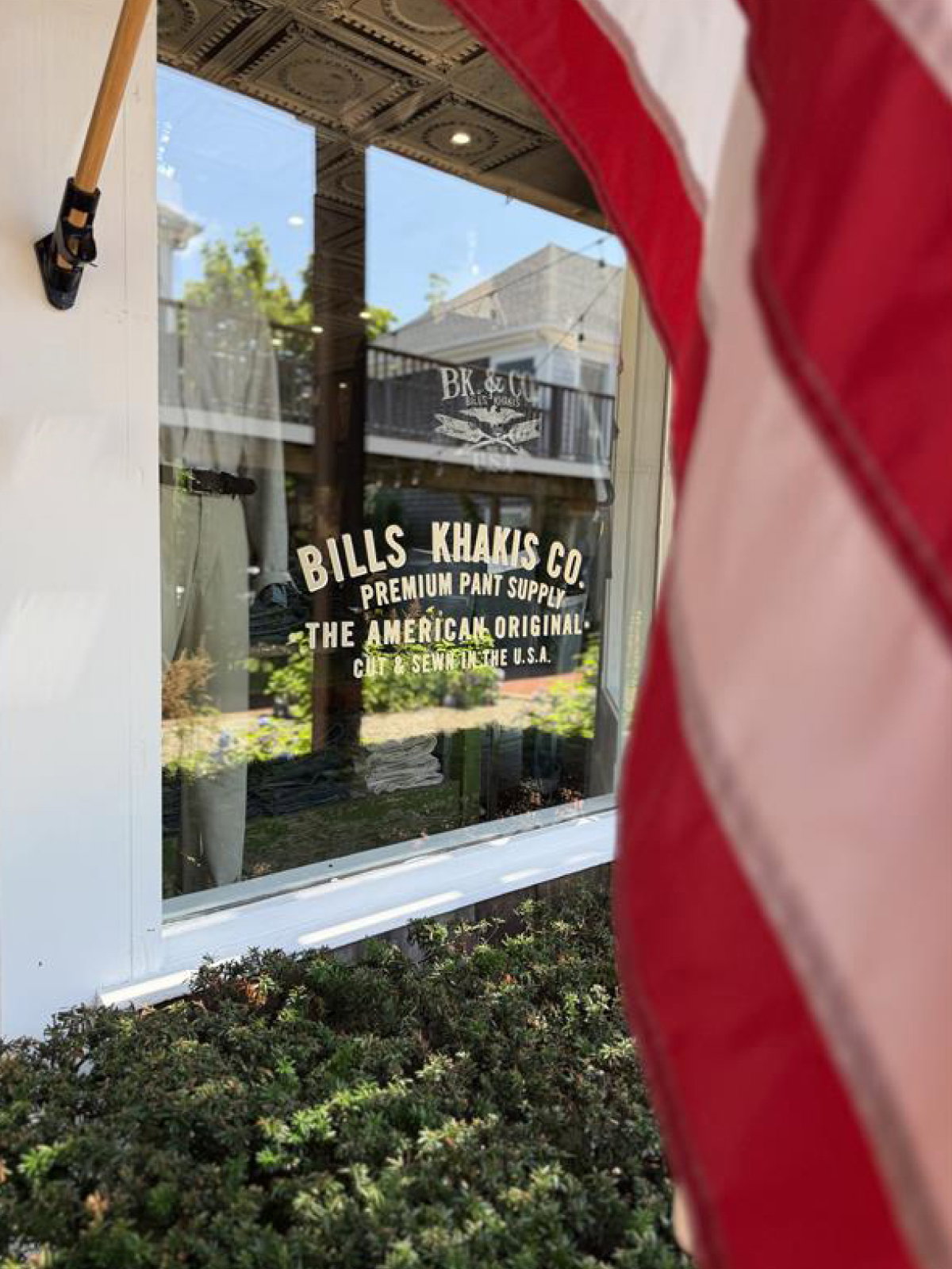 A photo of the new Bills Khakis store window on the Vineyard in Edgartown Massachusetts