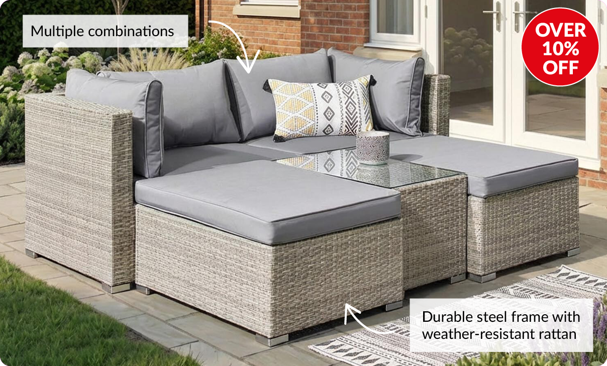 over 10% off. Multiple combinations. Durable steel frame with weather resistant rattan