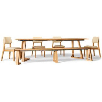 Transformer Nova 6 Piece Dining Set - Solid Oak - Extendable Table & Bench - 4 Upholstered Side Chairs - Seats up to 10