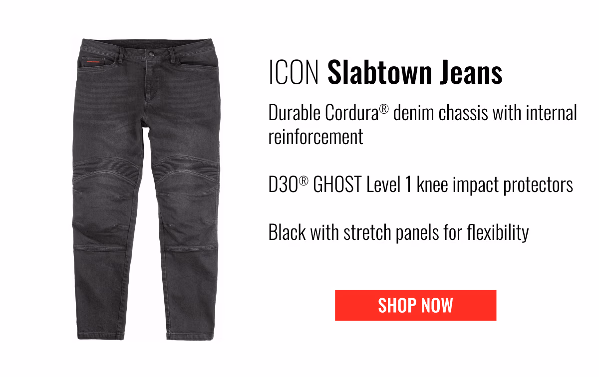 Icon Slabtown Jeans | Durable Cordura Denim chassis with the internal reinforcement | D3o ghost level 1 knee impact protectors | Black with stretch panels for flexibility | SHOP NOW