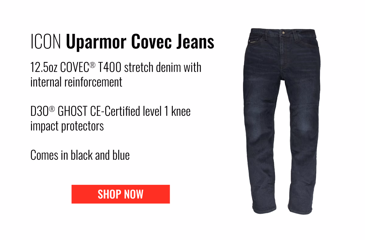 Icon Uparmor Covec Jeans | 12.5OZ Covec T400 stretch denim with internal reinforcement | D30 ghost ce-certified level 1 knee impact protectors | SHOP NOW