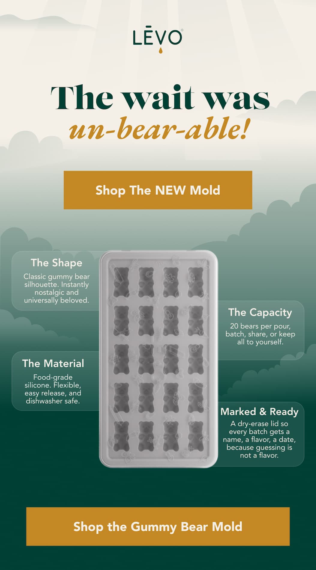The wait was un-bear-able! [Shop the NEW Mold] The shape, classic gummy bear silhouette, instalty nostalgic and universally beloved. The material food grade silicone. Flexible, easy release and dishwasher safe. The capacity. 20 bears per pour, batch, share or keep all to yourself. Marked & Ready. A dry-erase lid so every batch gets a name, a flavor, a date, because guessing is not a flavor. [Shop the Gummy Bear Mold]