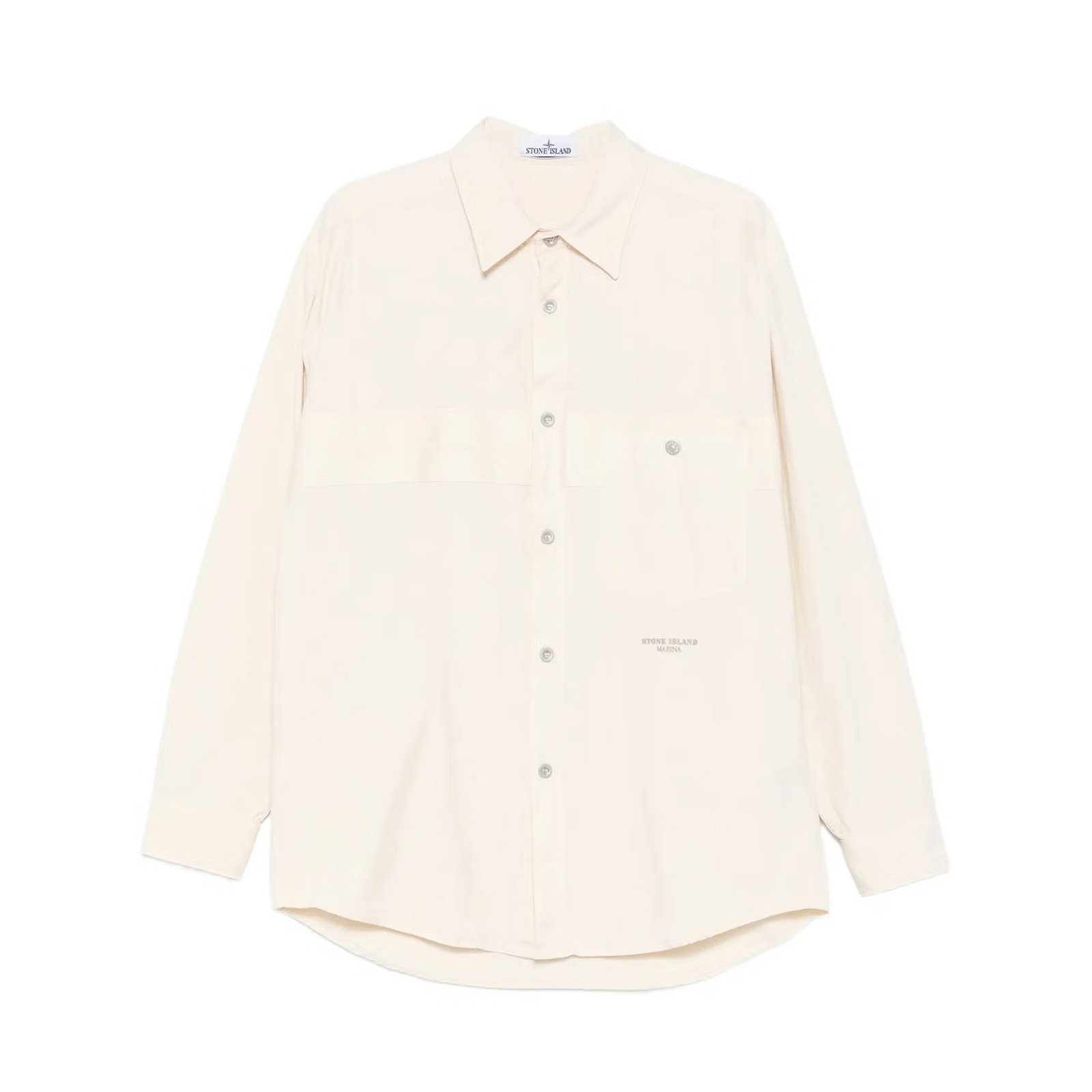 Stone Island cream long-sleeve button-up shirt with chest pocket, relaxed curved hem, classic collar, men's casual shirt