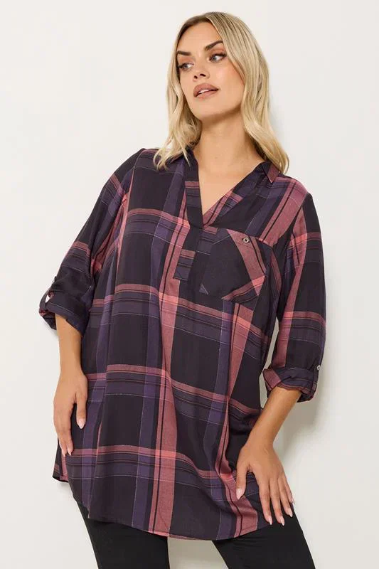 Image of YOURS Curve Navy Blue  Pink Check Overhead Shirt