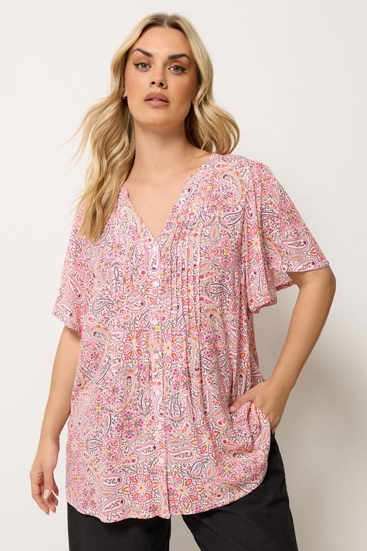 Image of YOURS Curve Pink Paisley Print Pintuck Blouse