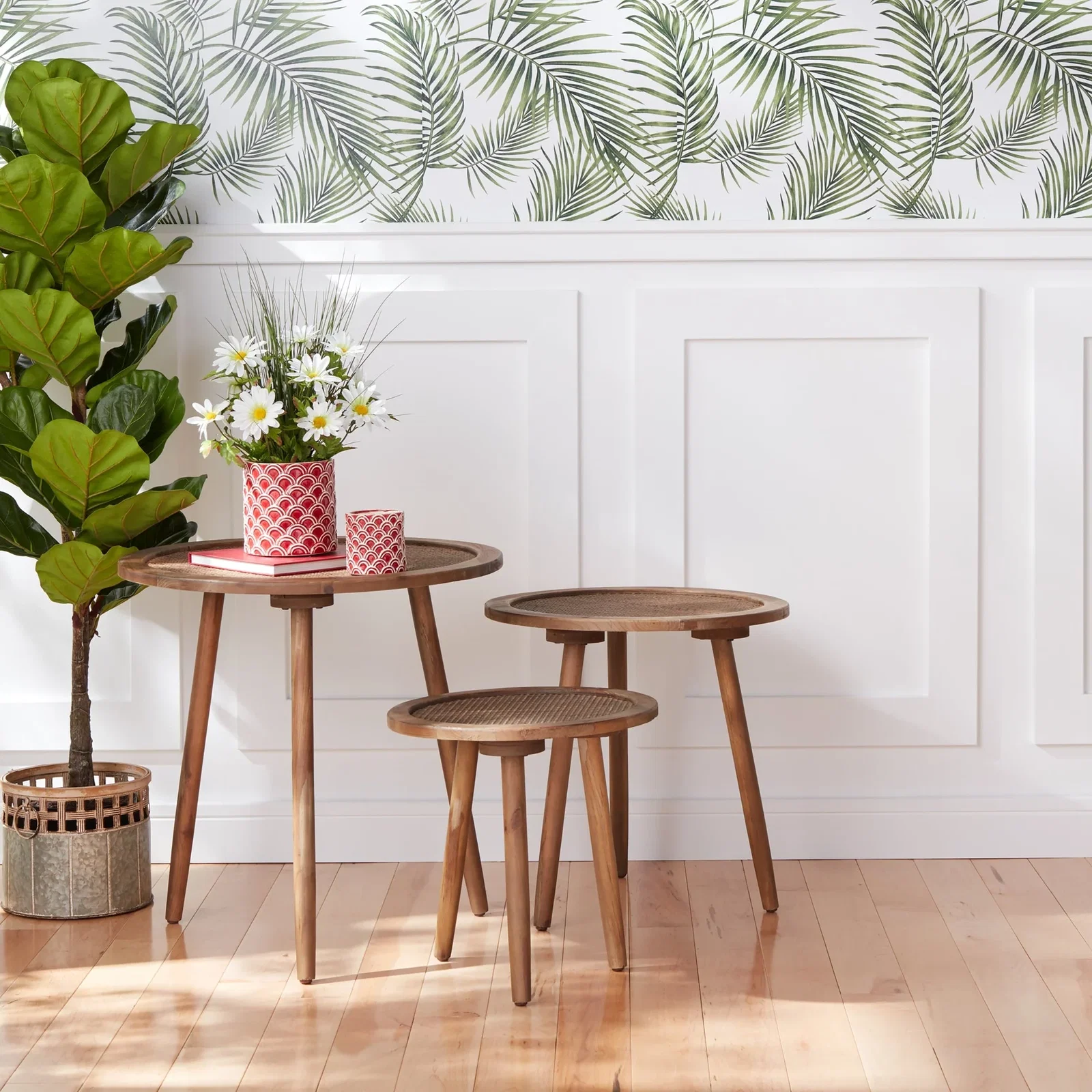 Image of Rattan Wood Accent Table, Set of 3